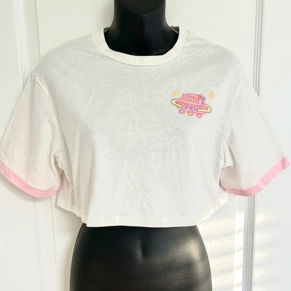 NWT Shein x Hello Kitty Cropped Ringer T-Shirt Medium Kawaii Tokyo White Pink - Picture 1 of 8